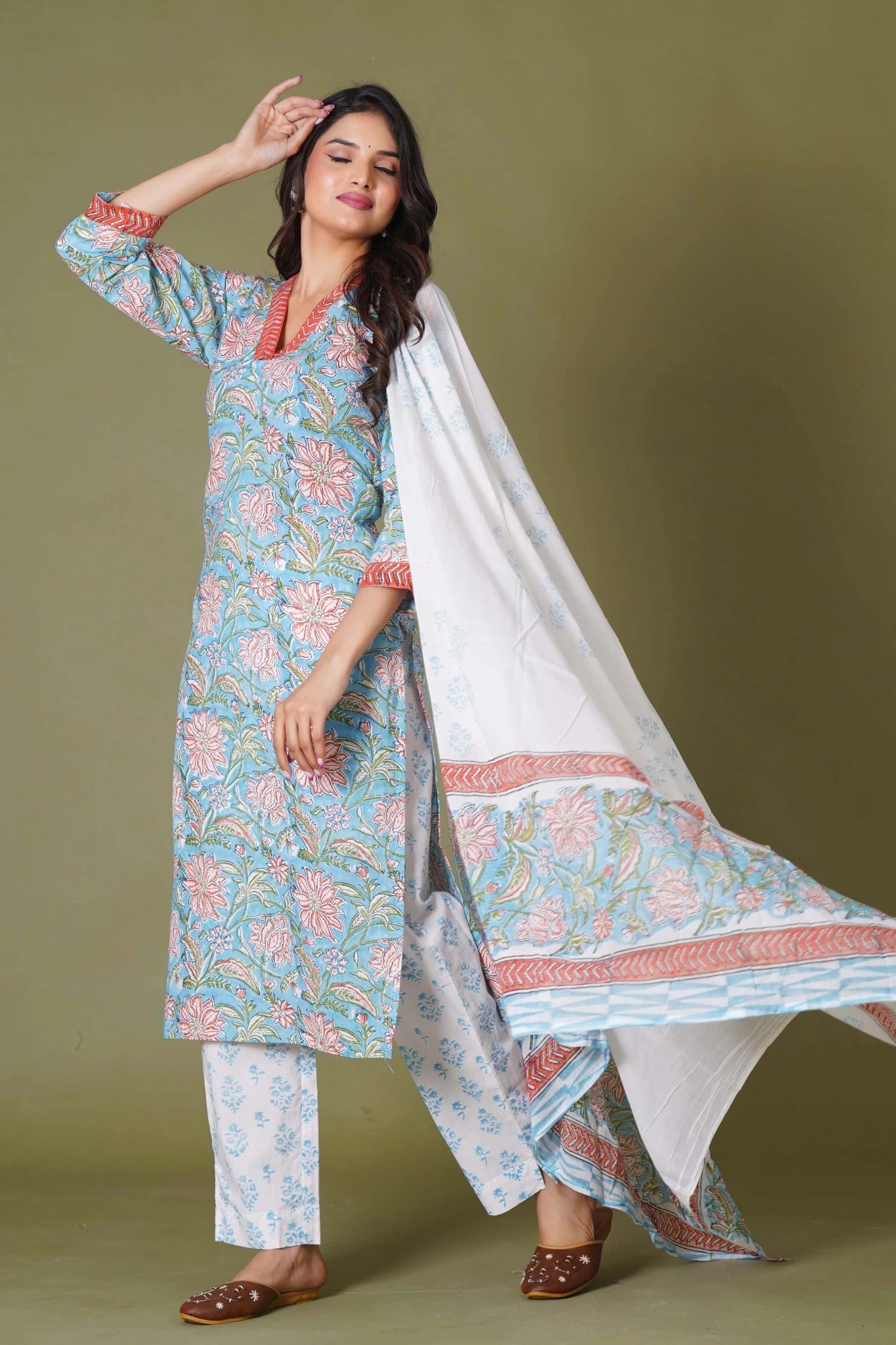 Azure Floral Block Print Cotton Suit Set - Himdim Wear