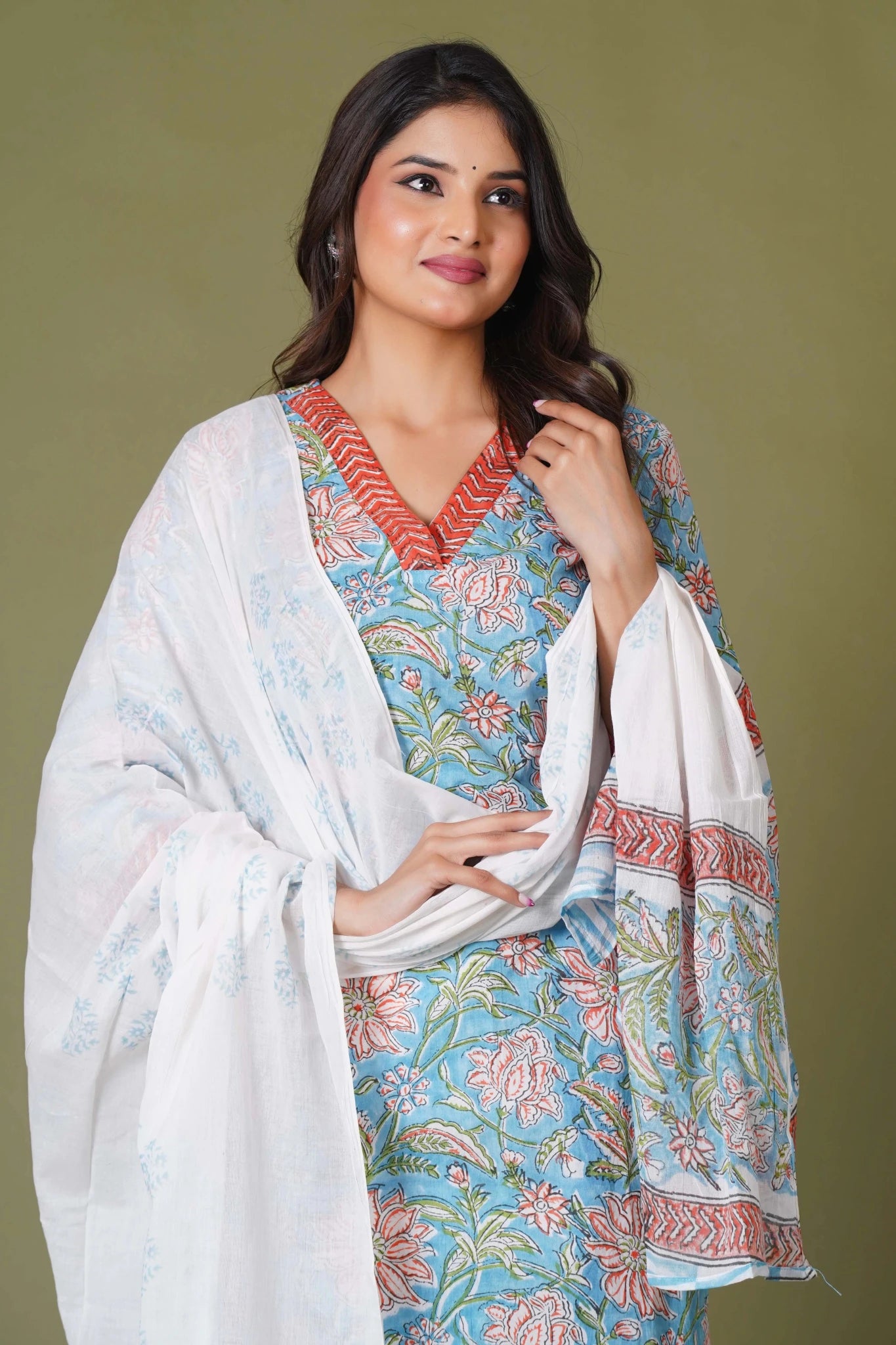 Azure Floral Block Print Cotton Suit Set - Himdim Wear
