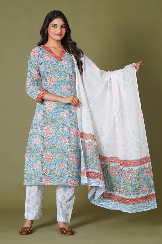 Azure Floral Block Print Cotton Suit Set - Himdim Wear