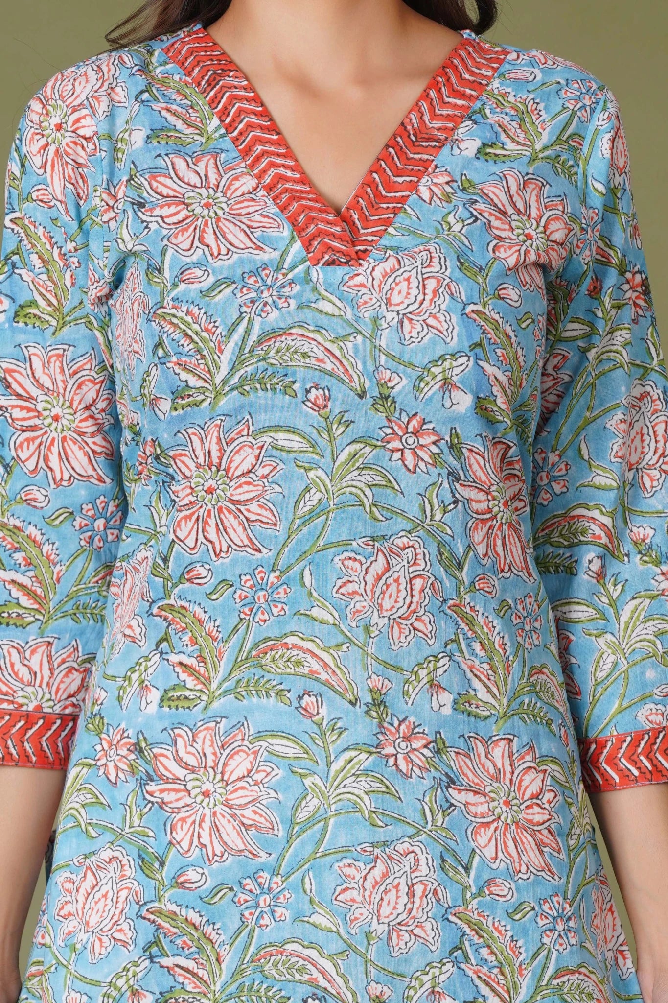 Azure Floral Block Print Cotton Suit Set - Himdim Wear