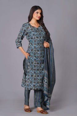 Azure Geometric Bloom Cotton Suit Set - Himdim Wear