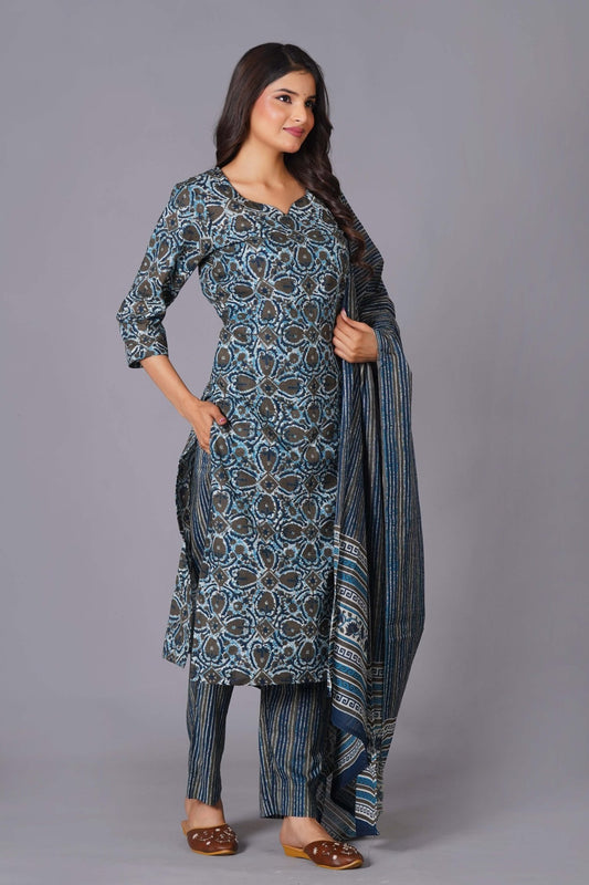 Azure Geometric Bloom Cotton Suit Set - Himdim Wear