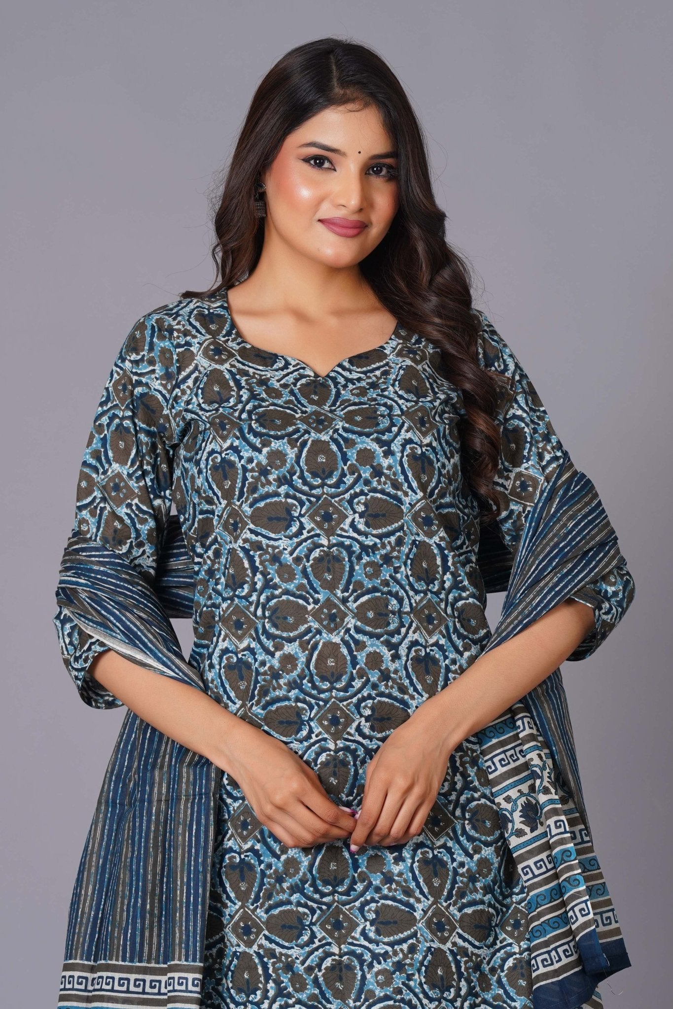Azure Geometric Bloom Cotton Suit Set - Himdim Wear