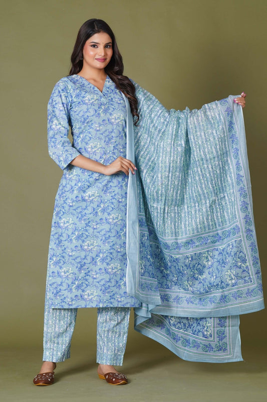 Blue Symphony Handblock Print Cotton Suit Set - Himdim Wear