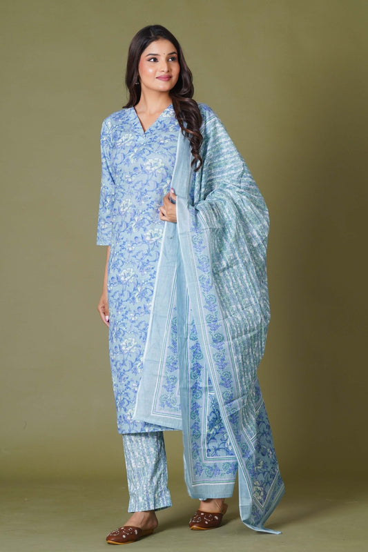 Blue Symphony Handblock Print Cotton Suit Set - Himdim Wear