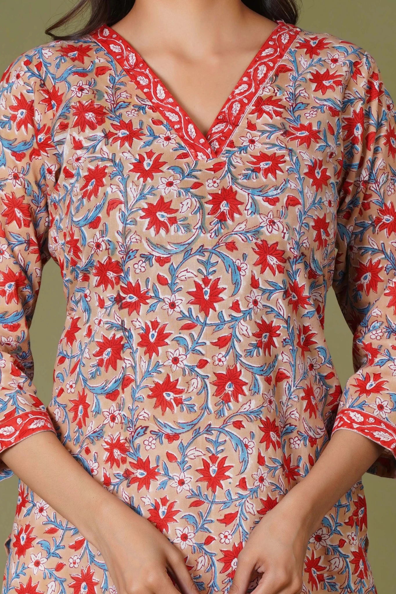 Crimson Bloom Handblock Cotton Suit Set - Himdim Wear