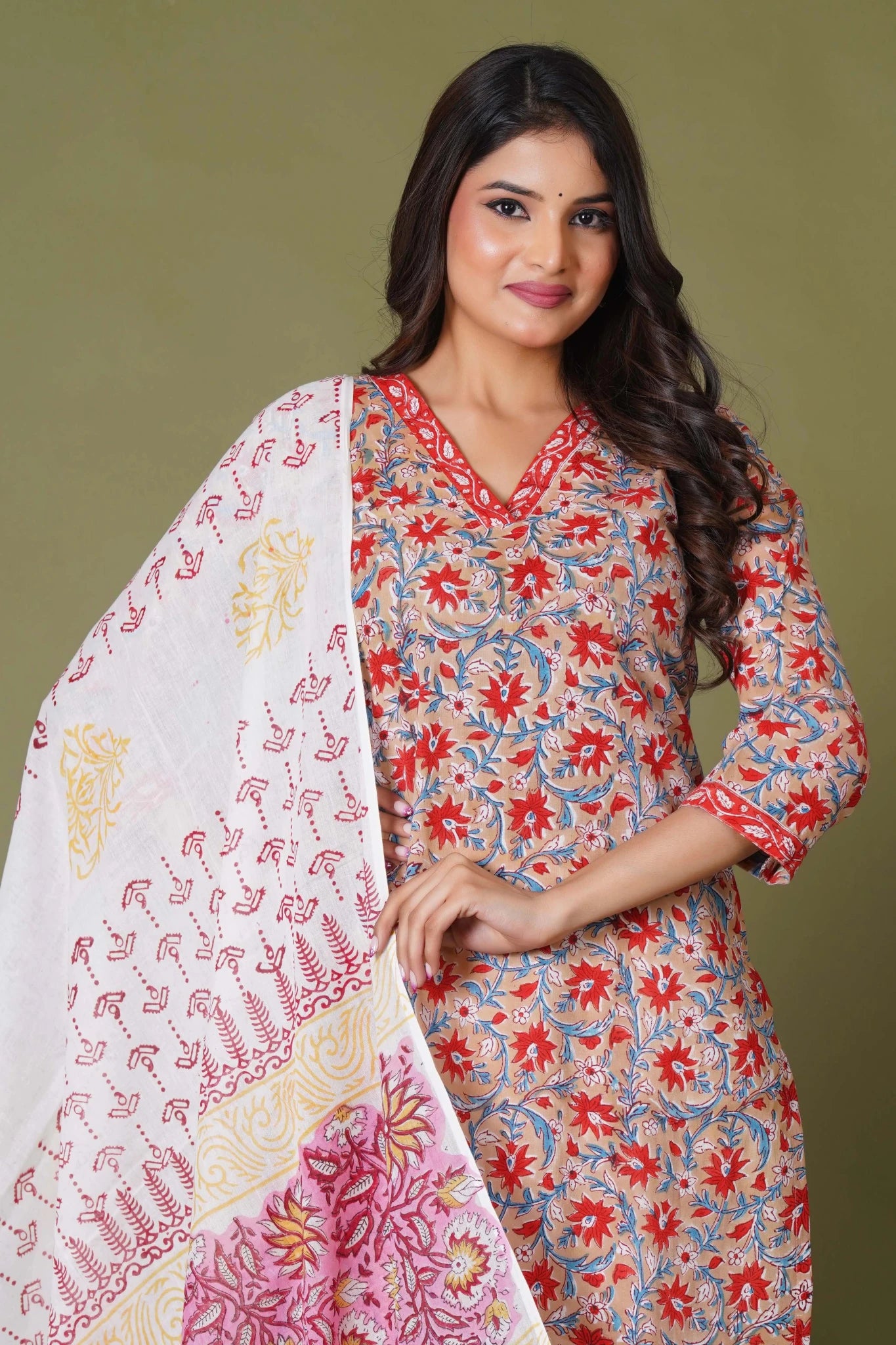 Crimson Bloom Handblock Cotton Suit Set - Himdim Wear