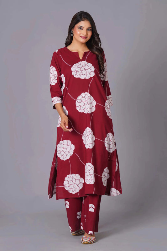Crimson Blossom A-Line Oversized Floral Cotton Kurta Set - Himdim Wear