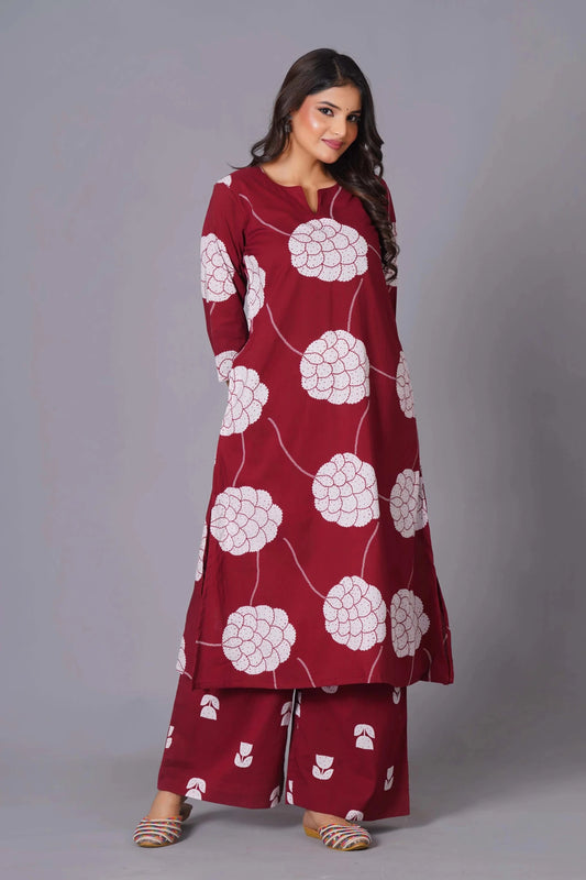 Crimson Blossom A-Line Oversized Floral Cotton Kurta Set - Himdim Wear
