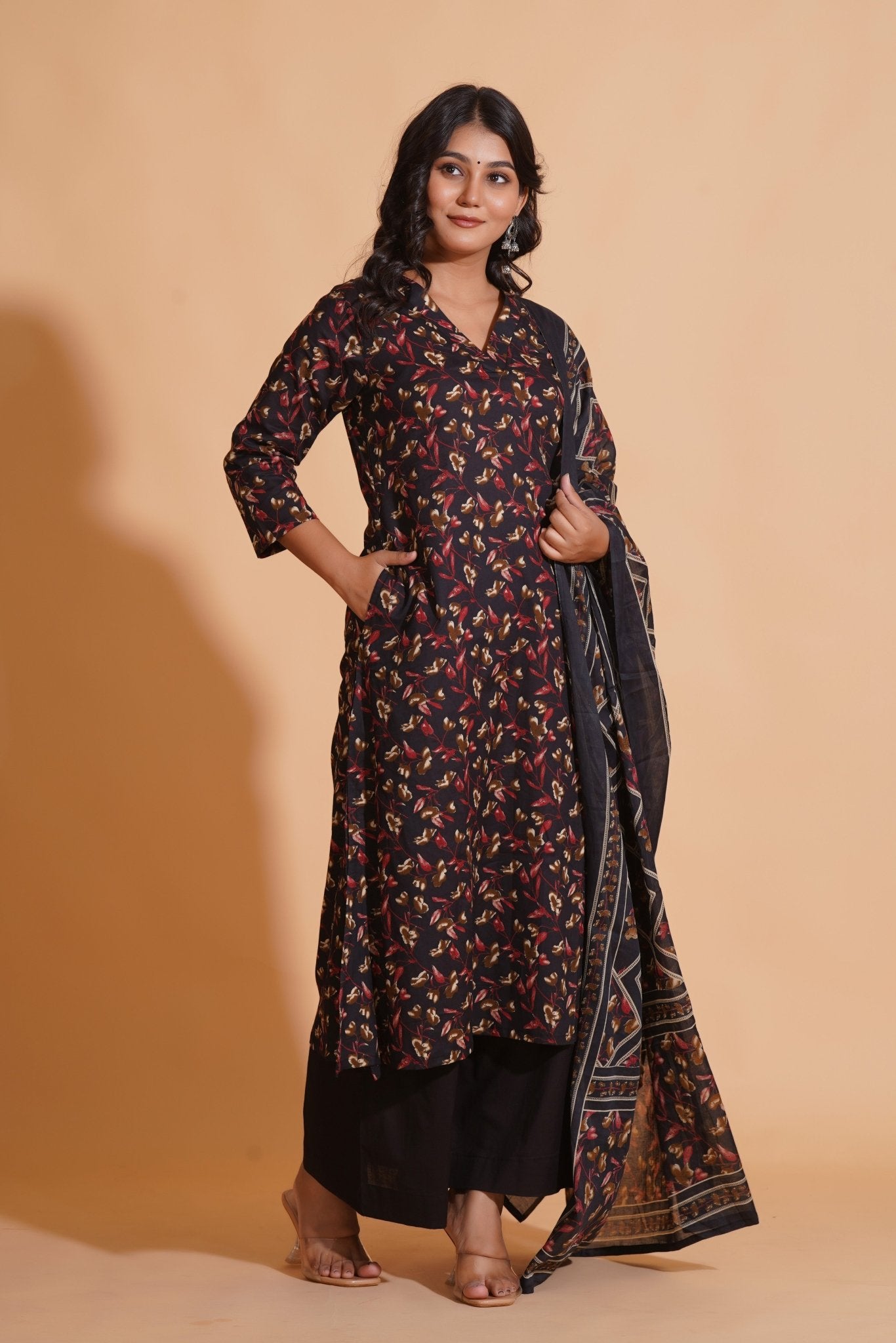 Enchanted Noir A-Line Floral Suit Set - Himdim Wear