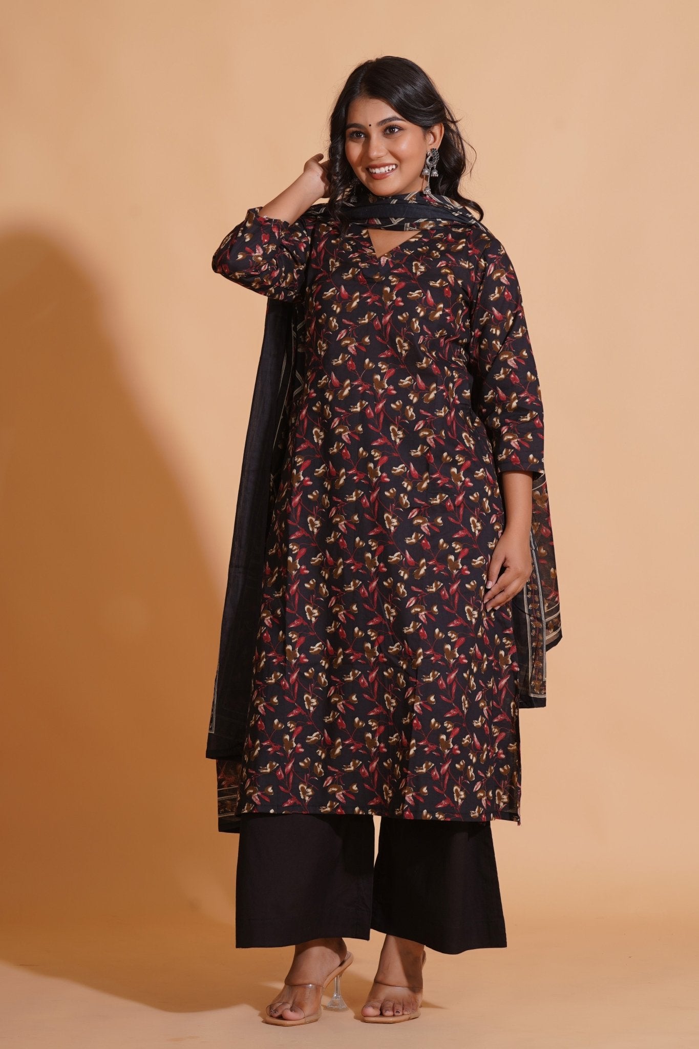 Enchanted Noir A-Line Floral Suit Set - Himdim Wear