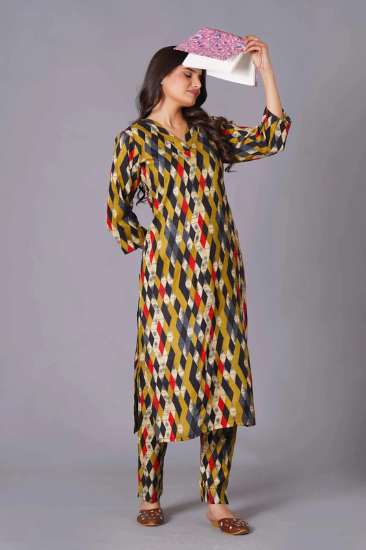 Geometric Flair Multi-Color Rayon Suit Set - Himdim Wear