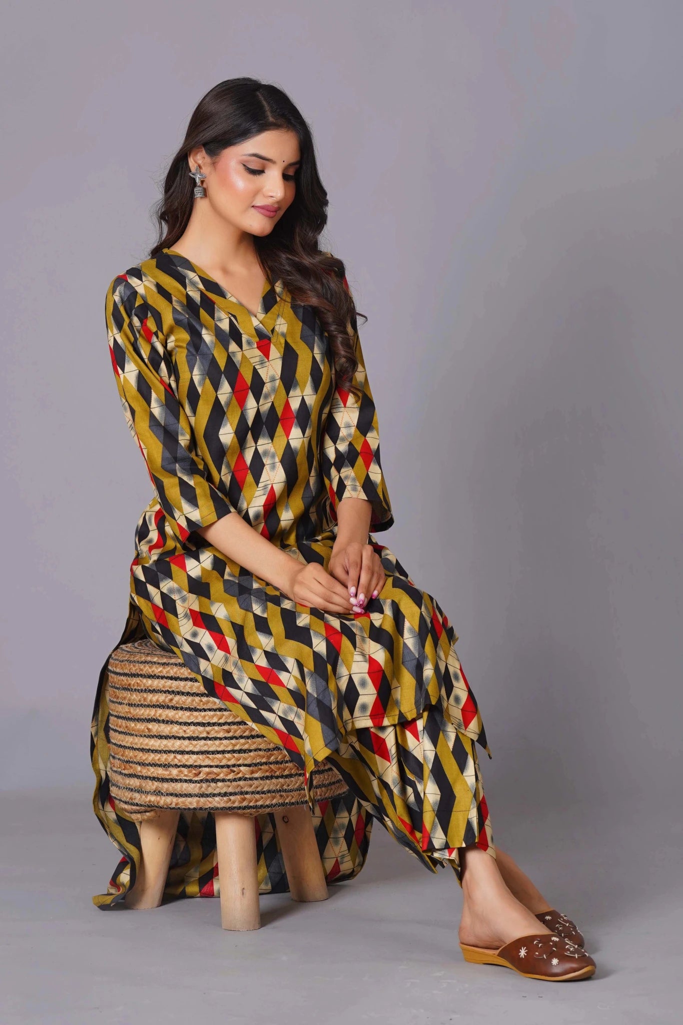 Geometric Flair Multi-Color Rayon Suit Set - Himdim Wear