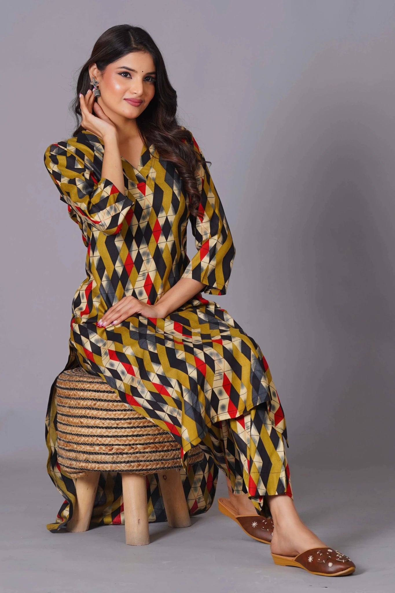 Geometric Flair Multi-Color Rayon Suit Set - Himdim Wear