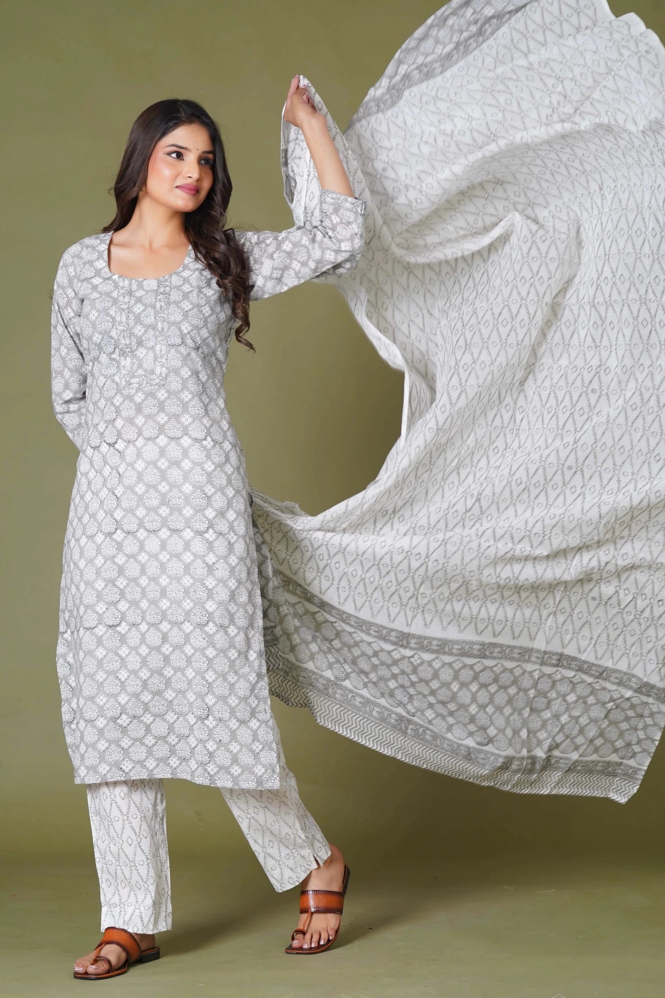 Grey Floral Handblock Printed Straight Kurta for Women – Soft Cotton Ethnic Wear - Himdim Wear
