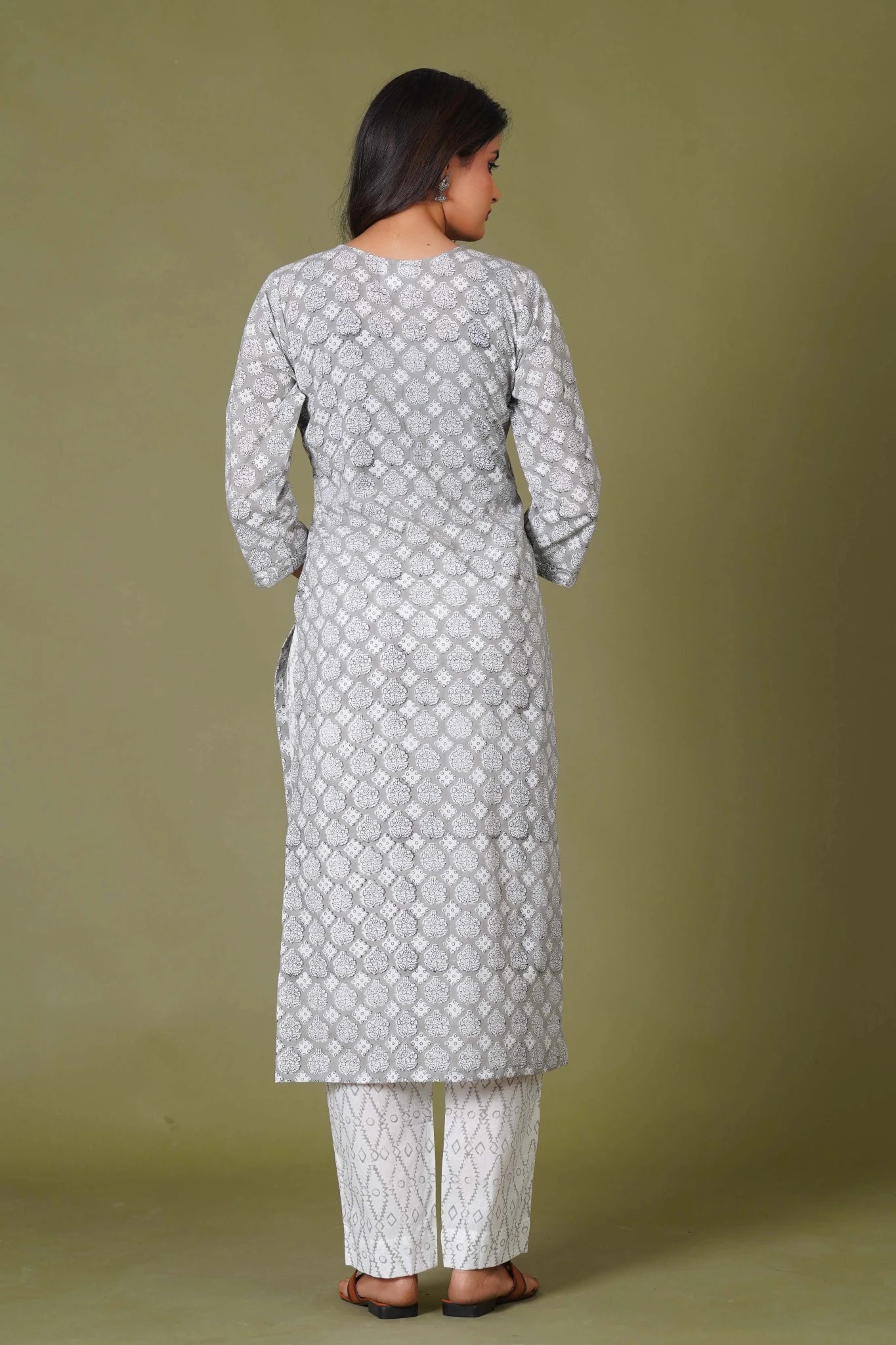 Grey Floral Handblock Printed Straight Kurta for Women – Soft Cotton Ethnic Wear - Himdim Wear