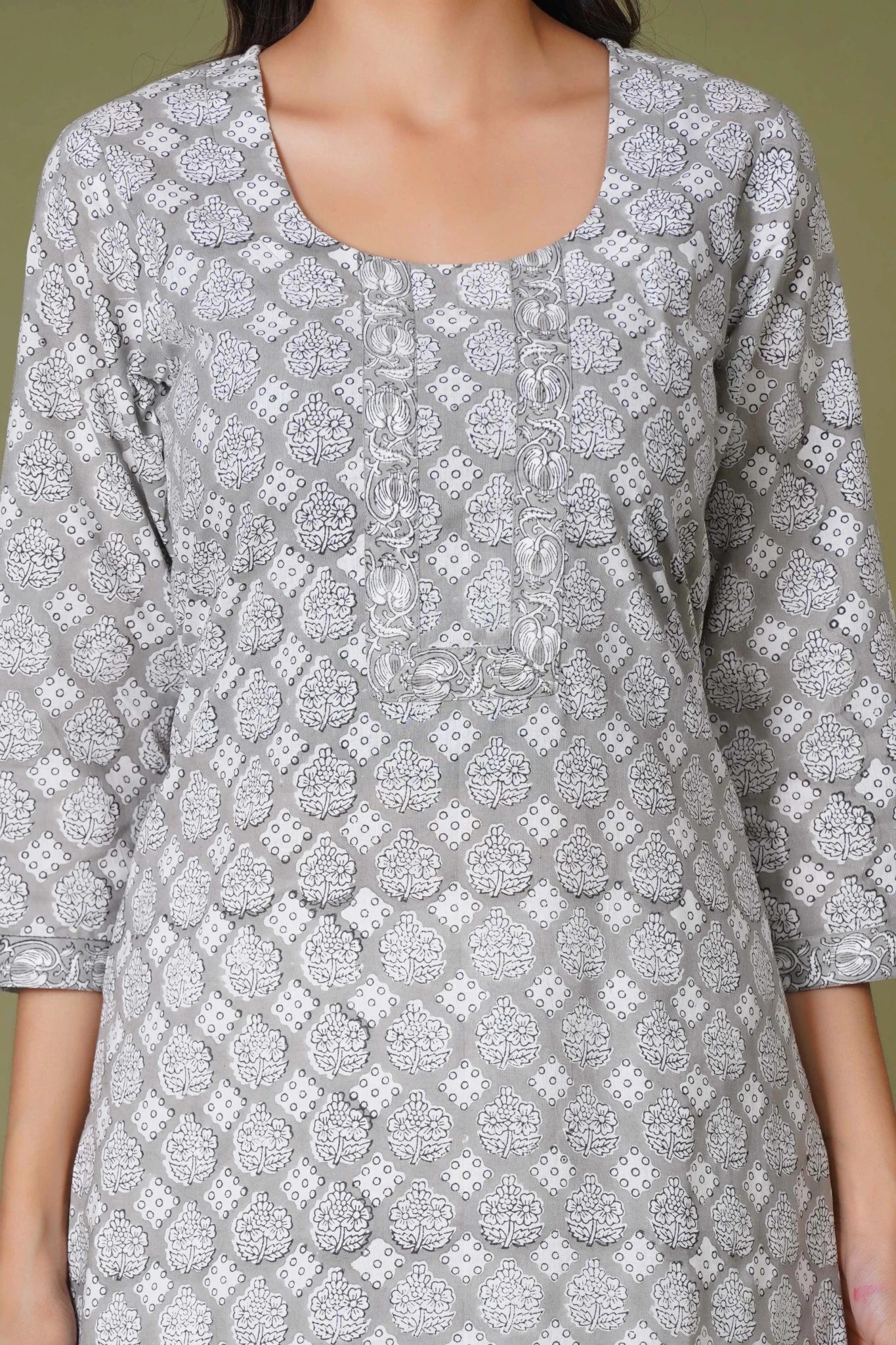 Grey Floral Handblock Printed Straight Kurta for Women – Soft Cotton Ethnic Wear - Himdim Wear