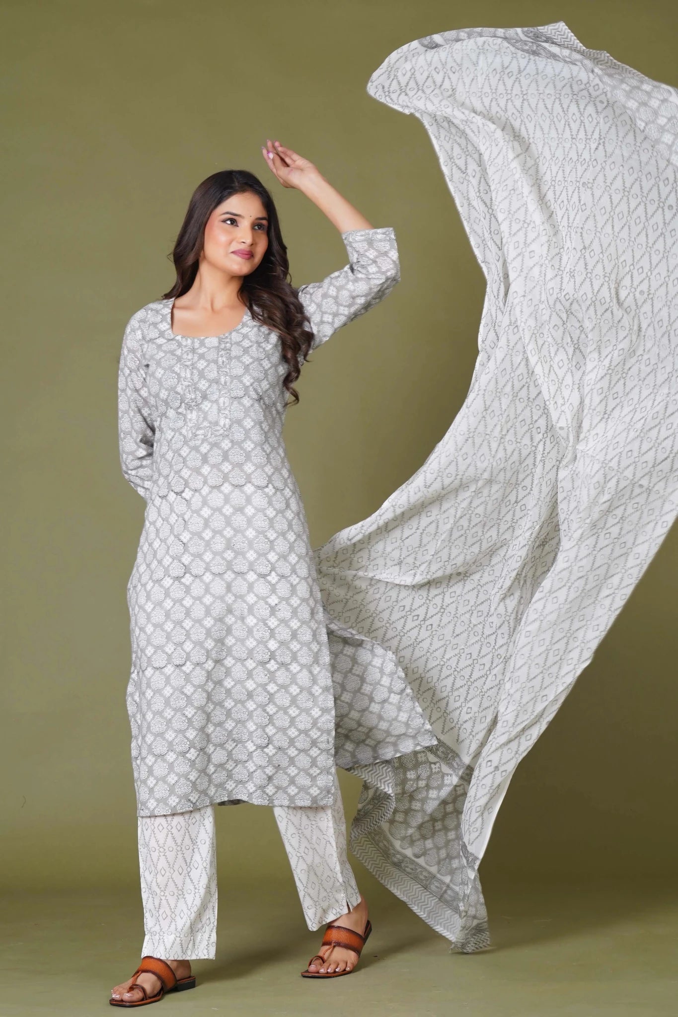 Grey Floral Handblock Printed Straight Kurta for Women – Soft Cotton Ethnic Wear - Himdim Wear