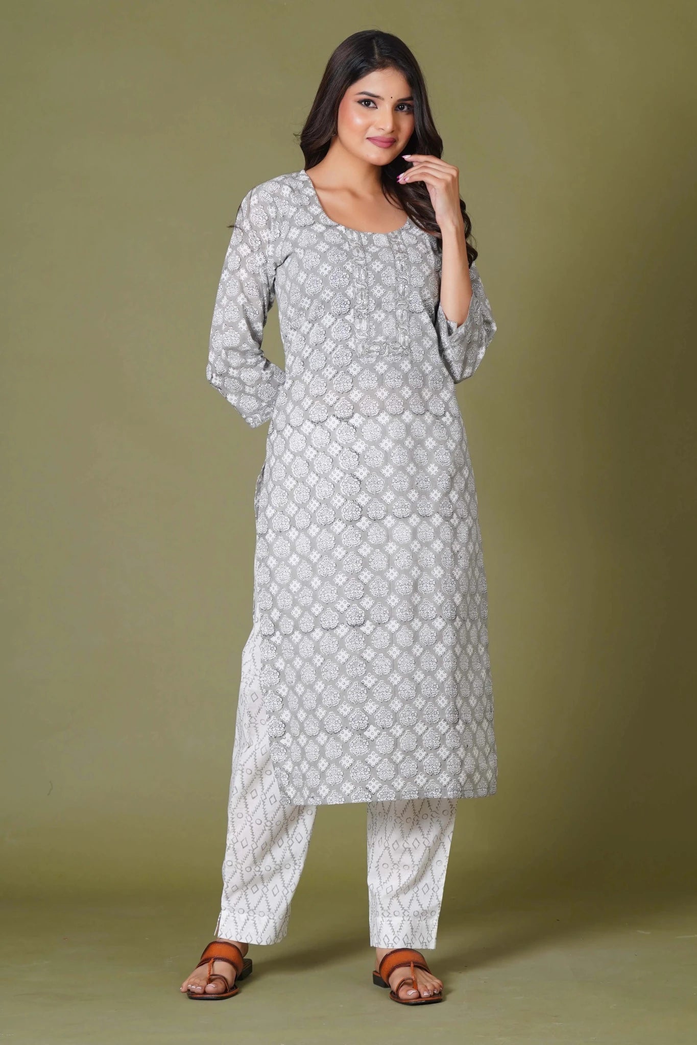 Grey Floral Handblock Printed Straight Kurta for Women – Soft Cotton Ethnic Wear - Himdim Wear
