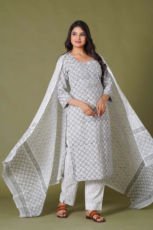 Grey Floral Handblock Printed Straight Kurta for Women – Soft Cotton Ethnic Wear - Himdim Wear