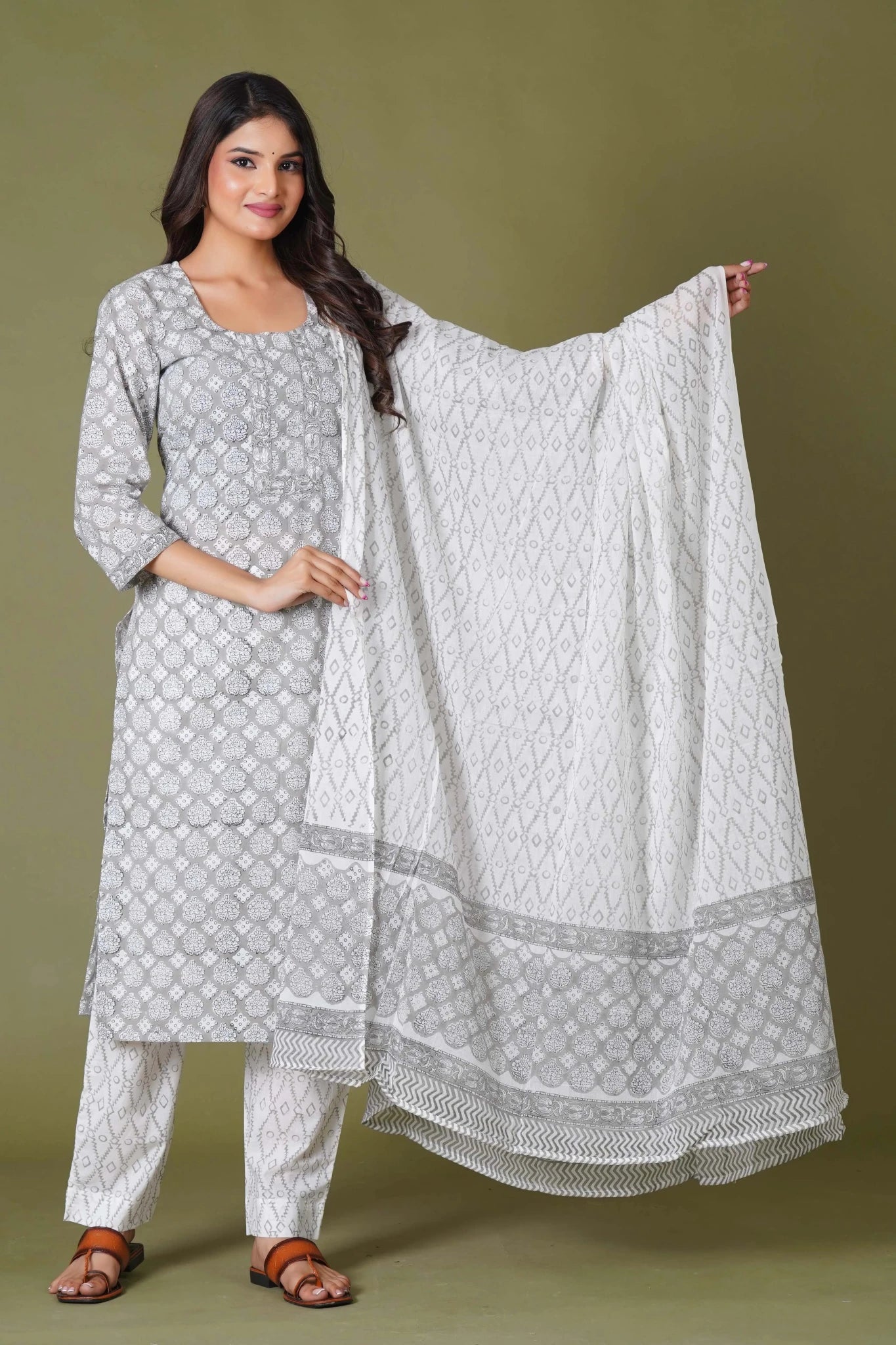 Grey Floral Handblock Printed Straight Kurta for Women – Soft Cotton Ethnic Wear - Himdim Wear