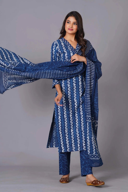 Indigo Maze Handblock Cotton Suit Set - Himdim Wear
