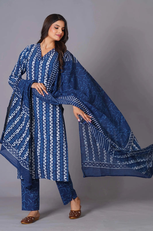 Indigo Maze Handblock Cotton Suit Set - Himdim Wear