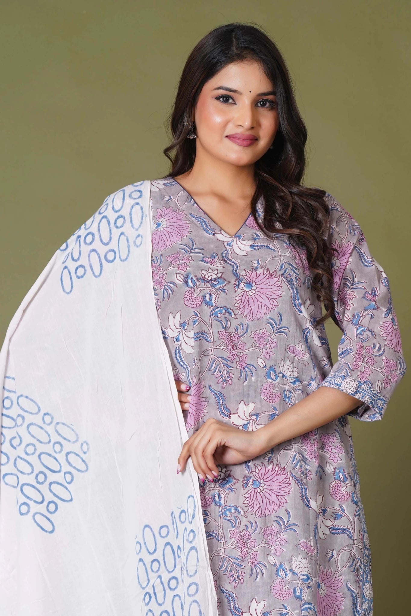 Lilac Mist Floral Handblock Cotton Suit Set - Himdim Wear