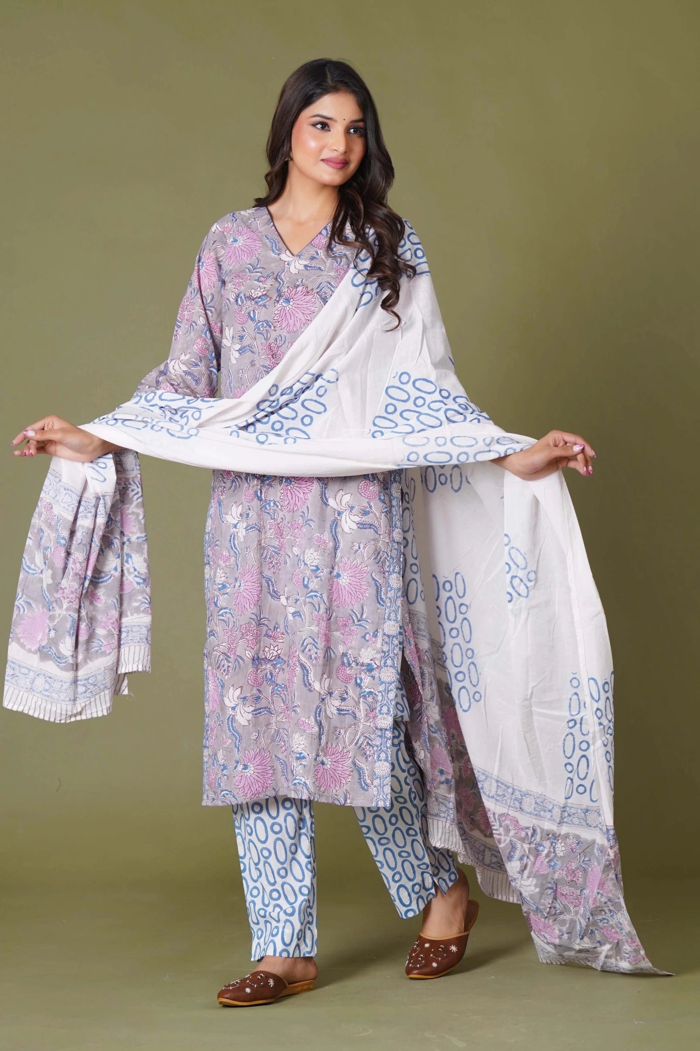 Lilac Mist Floral Handblock Cotton Suit Set - Himdim Wear