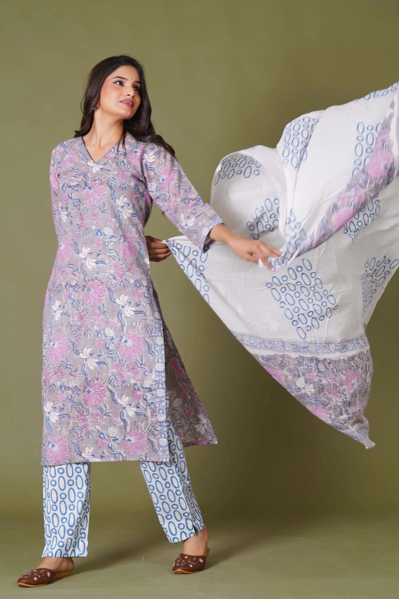 Lilac Mist Floral Handblock Cotton Suit Set - Himdim Wear