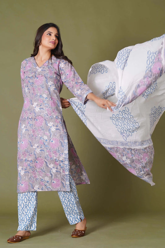 Lilac Mist Floral Handblock Cotton Suit Set - Himdim Wear