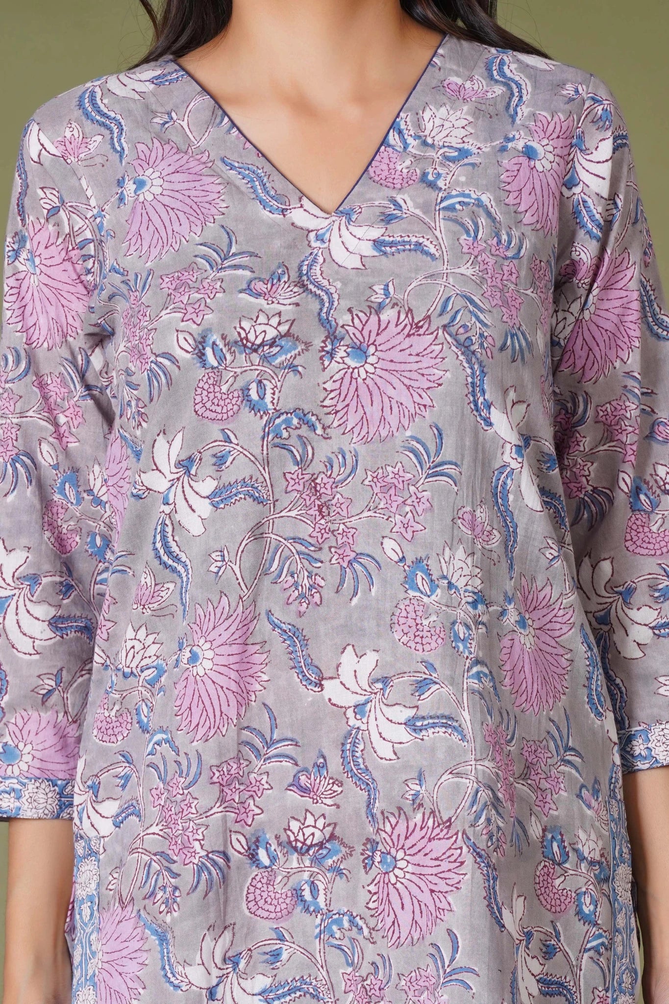 Lilac Mist Floral Handblock Cotton Suit Set - Himdim Wear