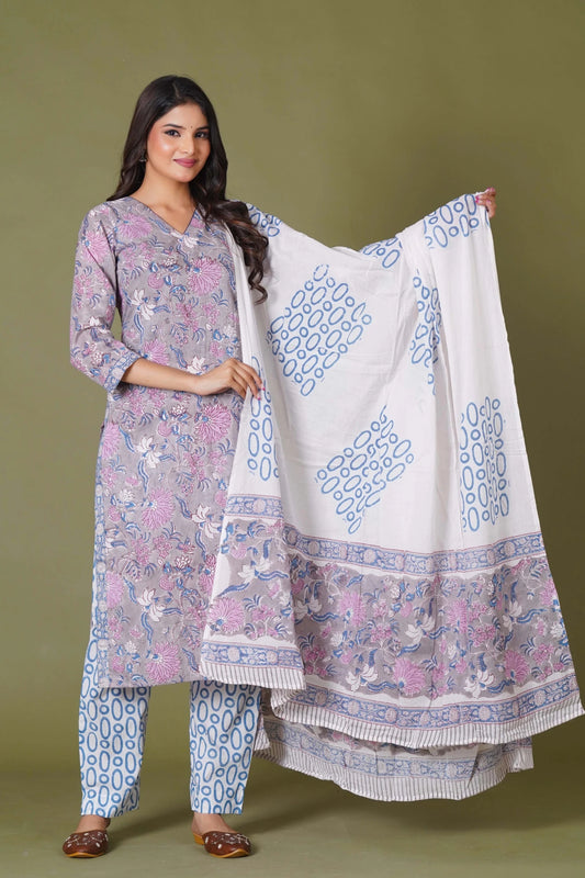 Lilac Mist Floral Handblock Cotton Suit Set - Himdim Wear