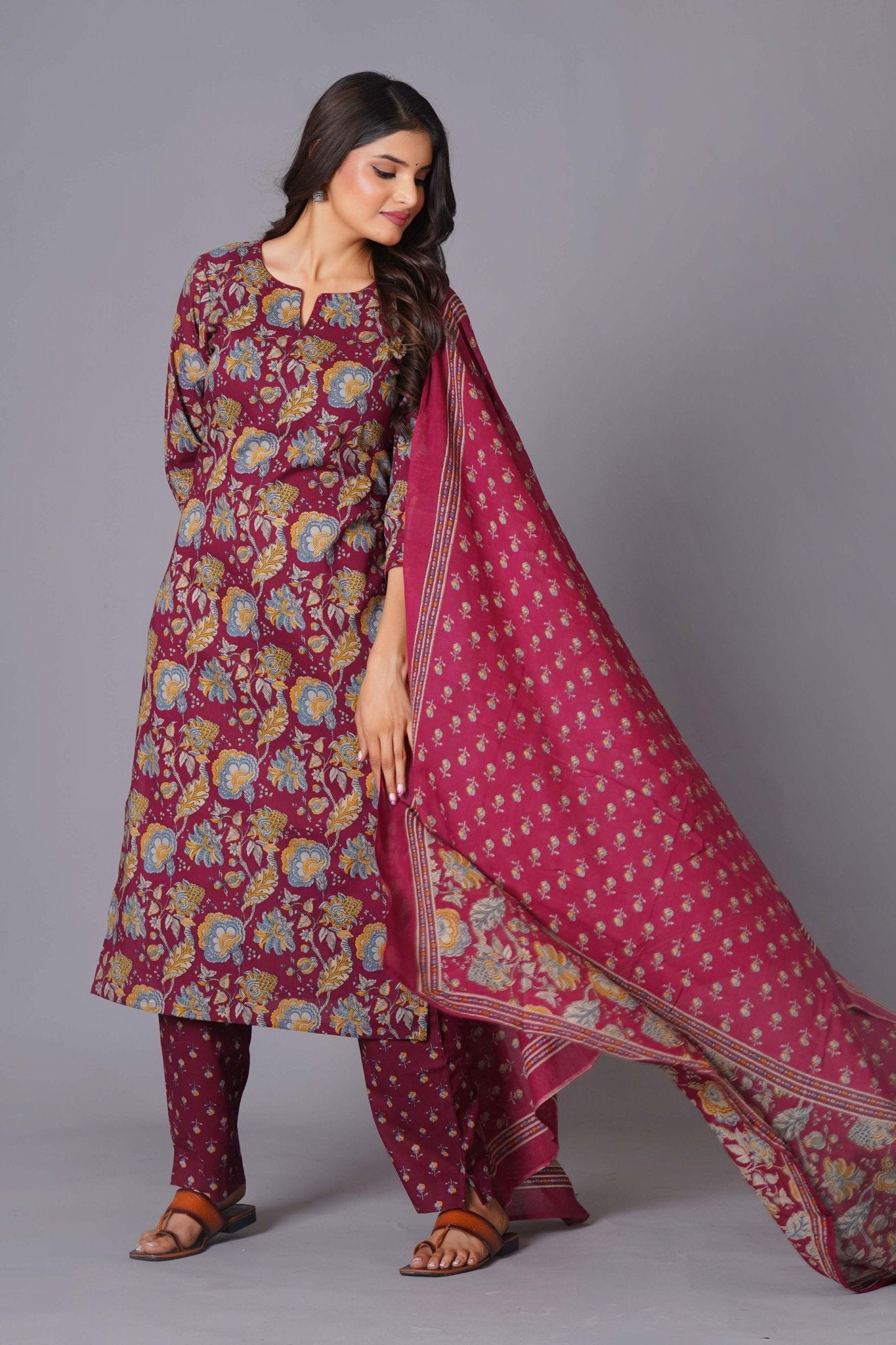 Maroon Finesse Handblock Cotton Kurta Set - Himdim Wear