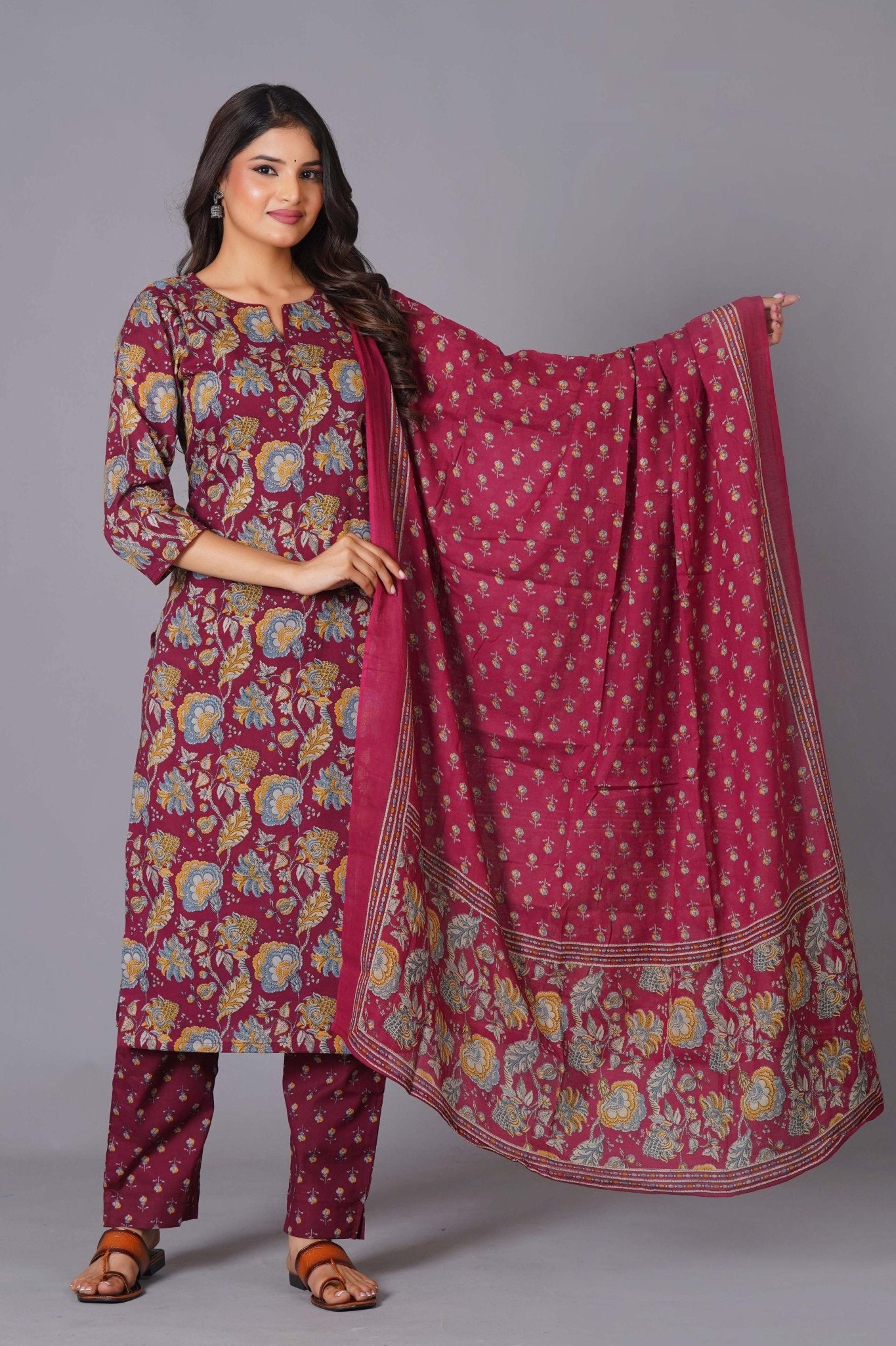 Maroon Finesse Handblock Cotton Kurta Set - Himdim Wear