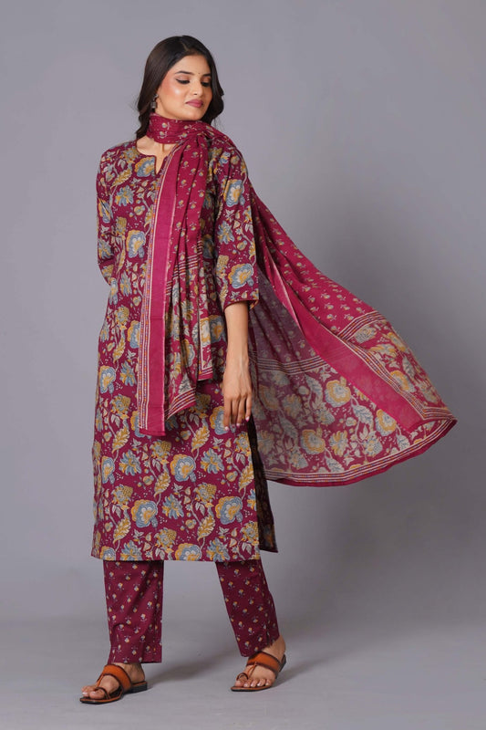 Maroon Finesse Handblock Cotton Kurta Set - Himdim Wear