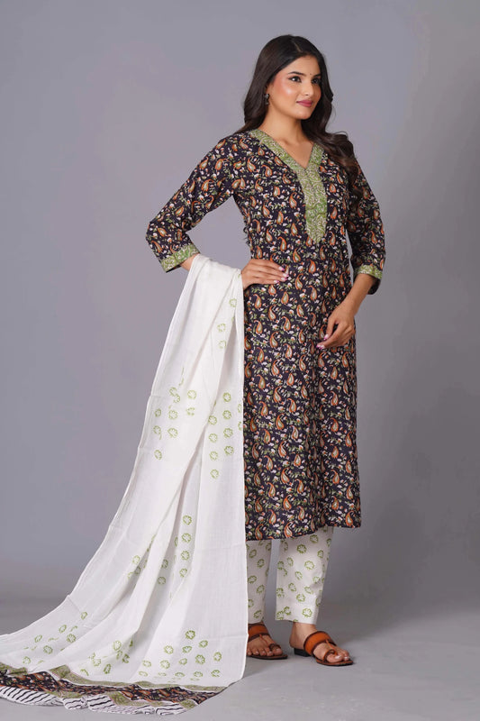 Midnight Paisley Handblock Cotton Suit Set - Himdim Wear