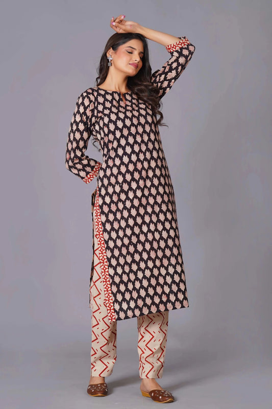 Noir Leaf Handblock Cotton Suit Set - Himdim Wear