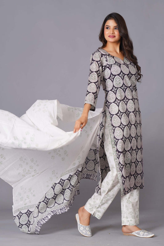 Ornate Paisley Handblock Cotton Suit Set - Himdim Wear