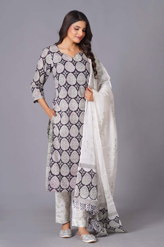 Ornate Paisley Handblock Cotton Suit Set - Himdim Wear