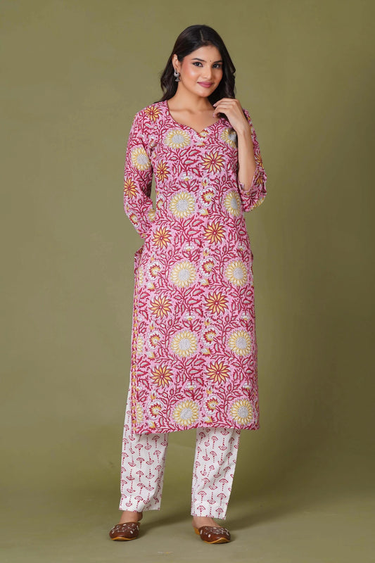 Rosy Radiance Handblock Cotton Suit Set - Himdim Wear
