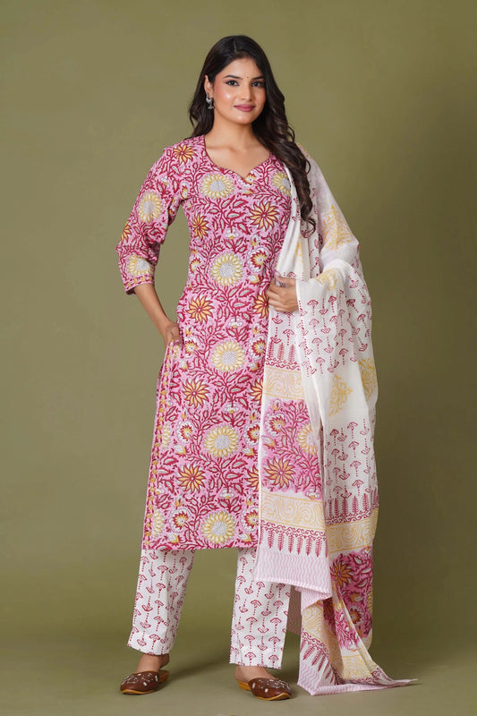 Rosy Radiance Handblock Cotton Suit Set - Himdim Wear