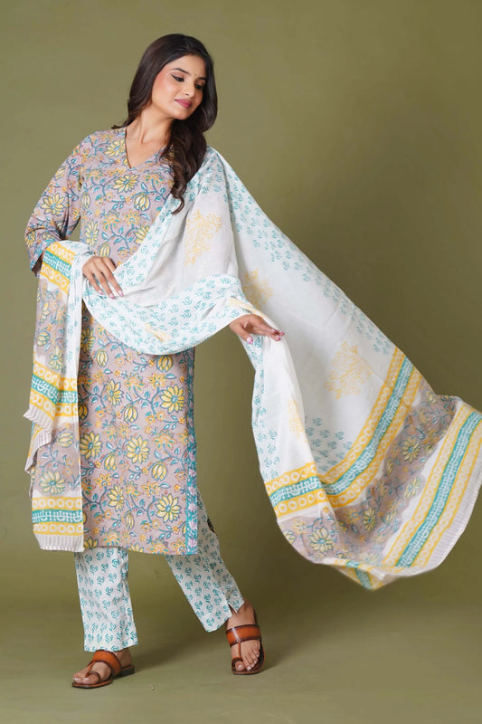 Sunlit Blossom Handblock Cotton Suit Set - Himdim Wear