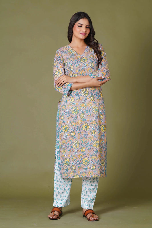 Sunlit Blossom Handblock Cotton Suit Set - Himdim Wear
