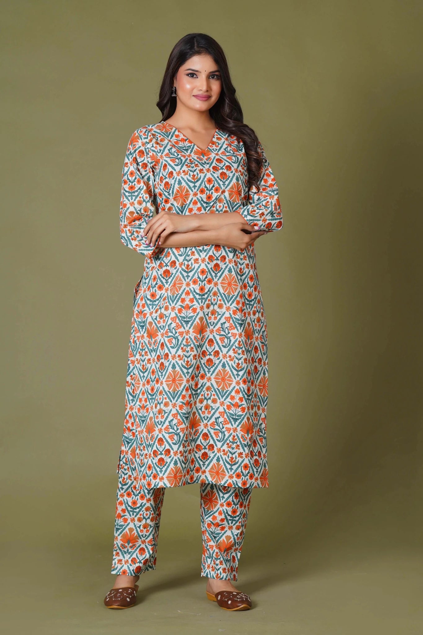 Tangerine Mosaic Handblock Cotton Suit Set - Himdim Wear