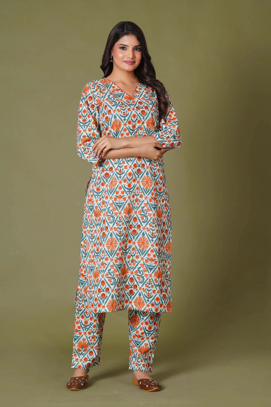 Tangerine Mosaic Handblock Cotton Suit Set - Himdim Wear