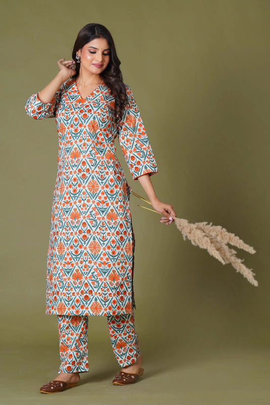 Tangerine Mosaic Handblock Cotton Suit Set - Himdim Wear