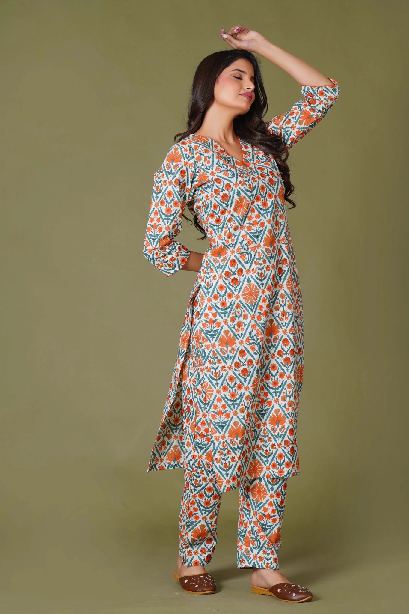 Tangerine Mosaic Handblock Cotton Suit Set - Himdim Wear