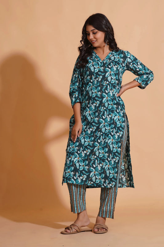 Teal Blossom Print Kurta Set - Himdim Wear