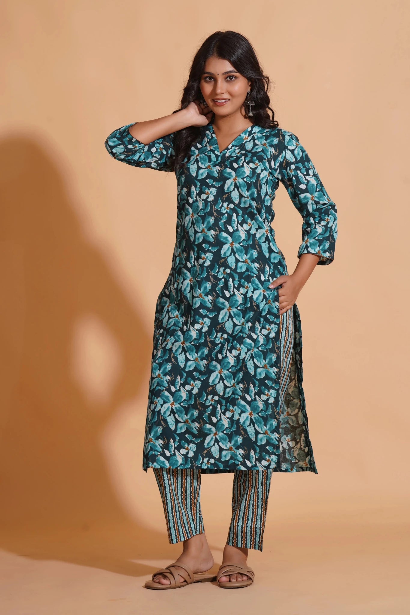 Teal Blossom Print Kurta Set - Himdim Wear